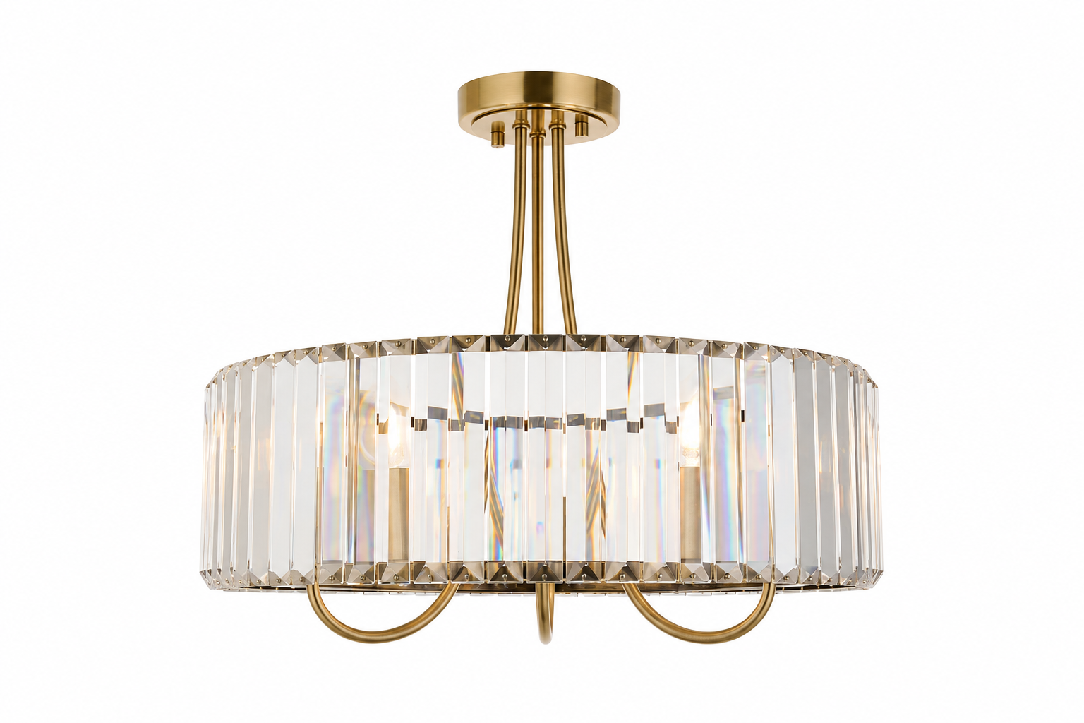 Crystal and brass semi-flush ceiling light on a white background