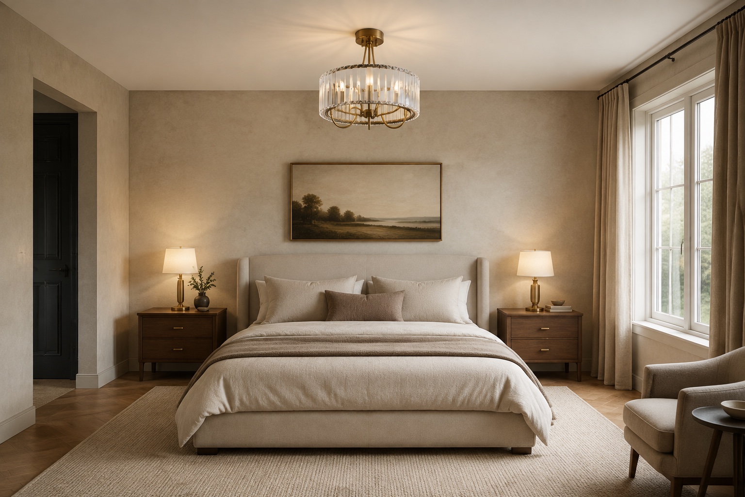 Crystal ceiling light visualised in a warm neutral bedroom