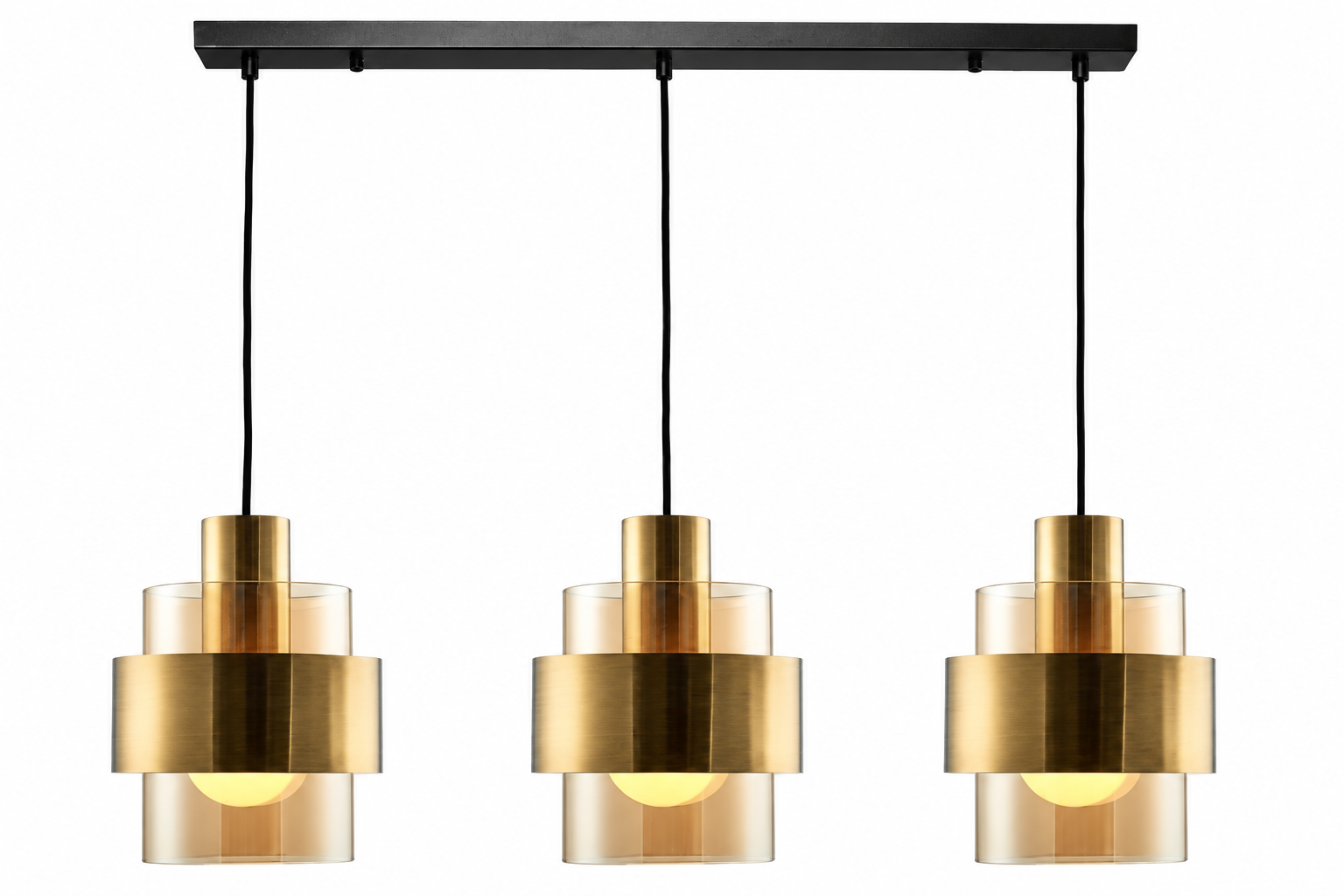 Three-light amber and brass island pendant on a white background