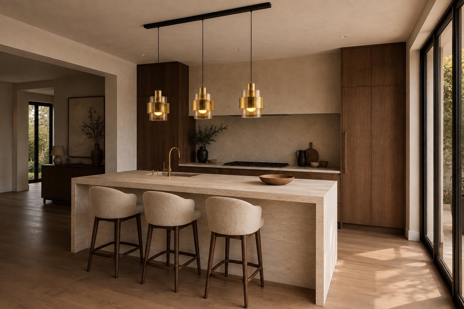 Three amber and brass pendants visualised above a kitchen island