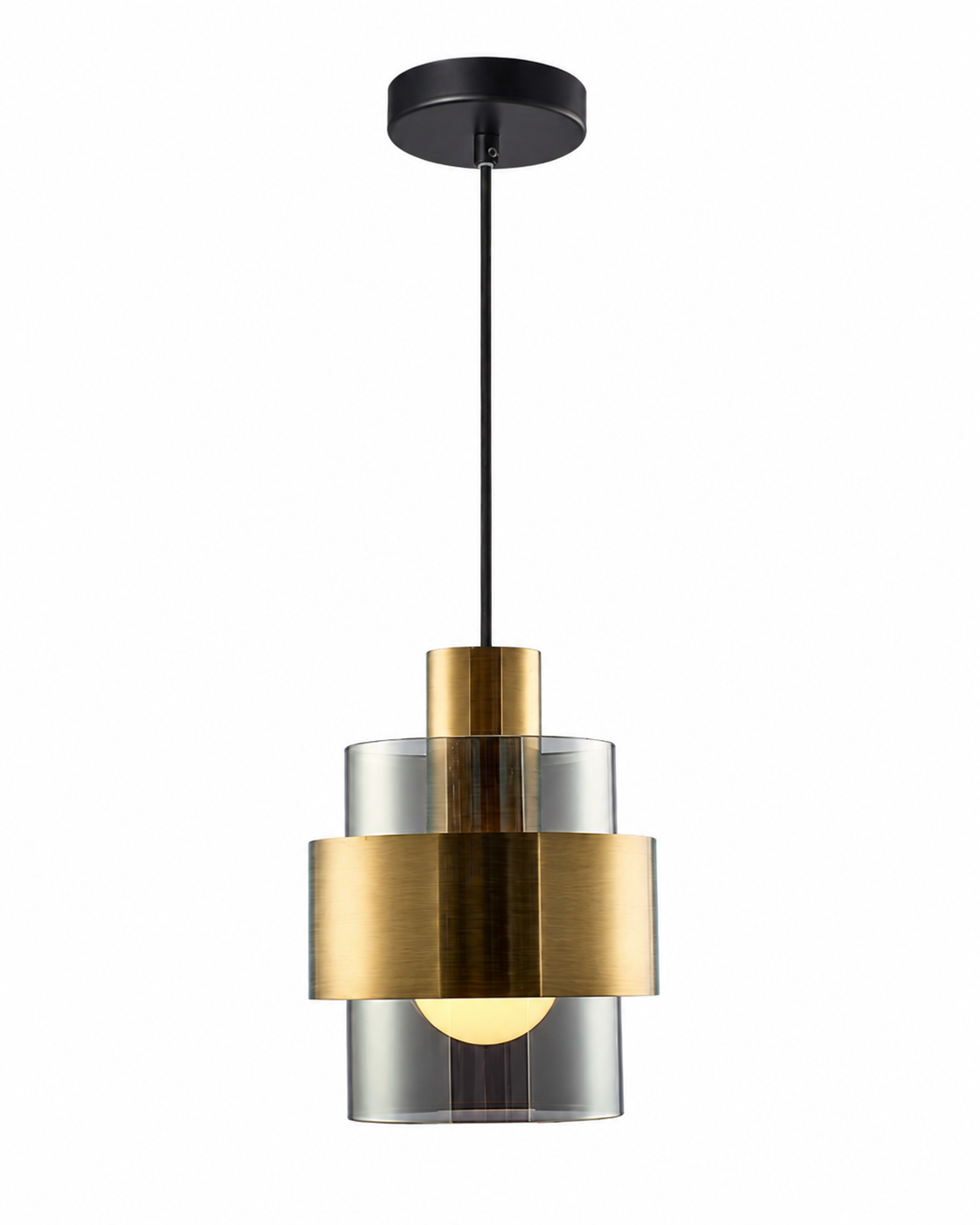 Single brass pendant with smoked glass on a white background